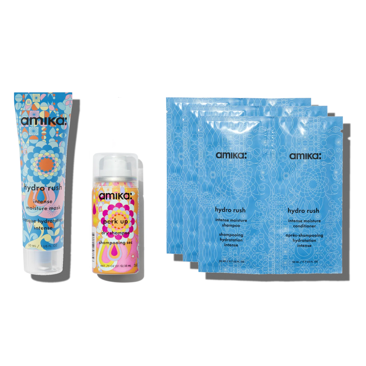 hydration trial kit hydro rush intense moisture shampoo, conditioner, mask + perk up dry shampoo